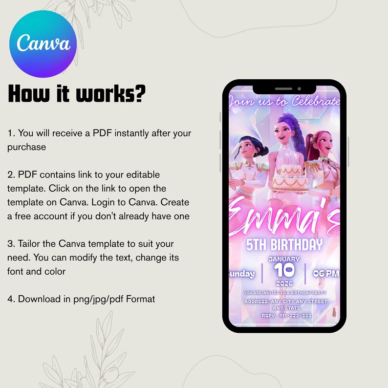 May include: A digital invitation template on a smartphone screen, featuring three animated girls, a cake, and the text "Emma's 5th Birthday." The invitation includes details for the party, with the Canva logo and instructions on how to use the template.