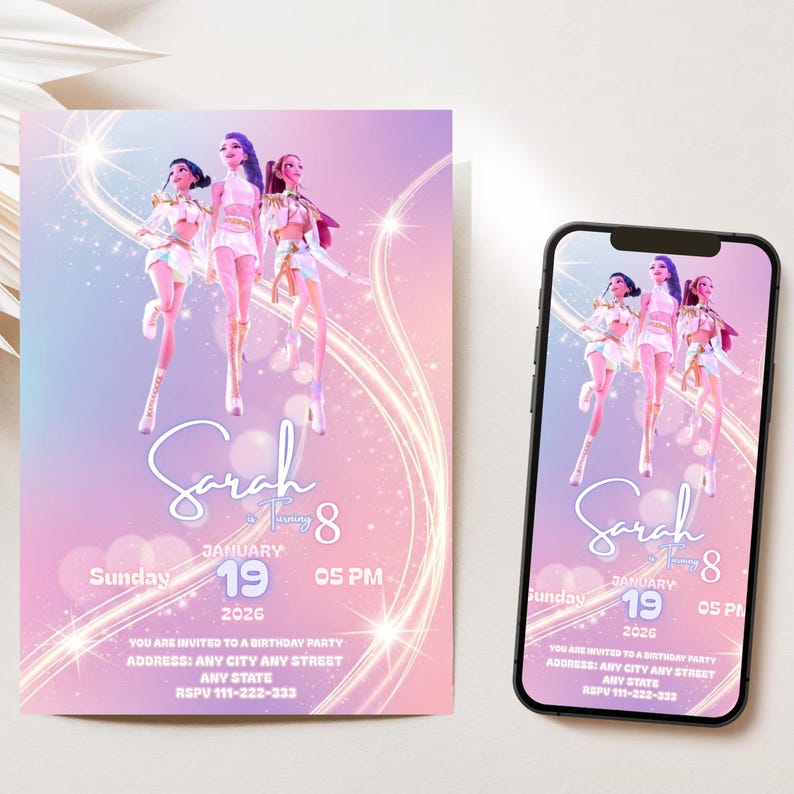 KPOP Demon Hunters födelsedagsinbjudan, redigerbar K-Pop Anime födelsedagsinbjudan för barn, utskrivbart festkort, anpassningsbar Huntrix Evite bild 2