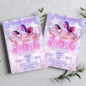 May include: Two invitations for Emma's 5th birthday party. The invitations feature a holographic design with illustrations of girls, a cake, and confetti. The text reads "Join us to Celebrate," "Emma's 5th Birthday," and the date: Sunday, January 10, 2026, at 6 PM.