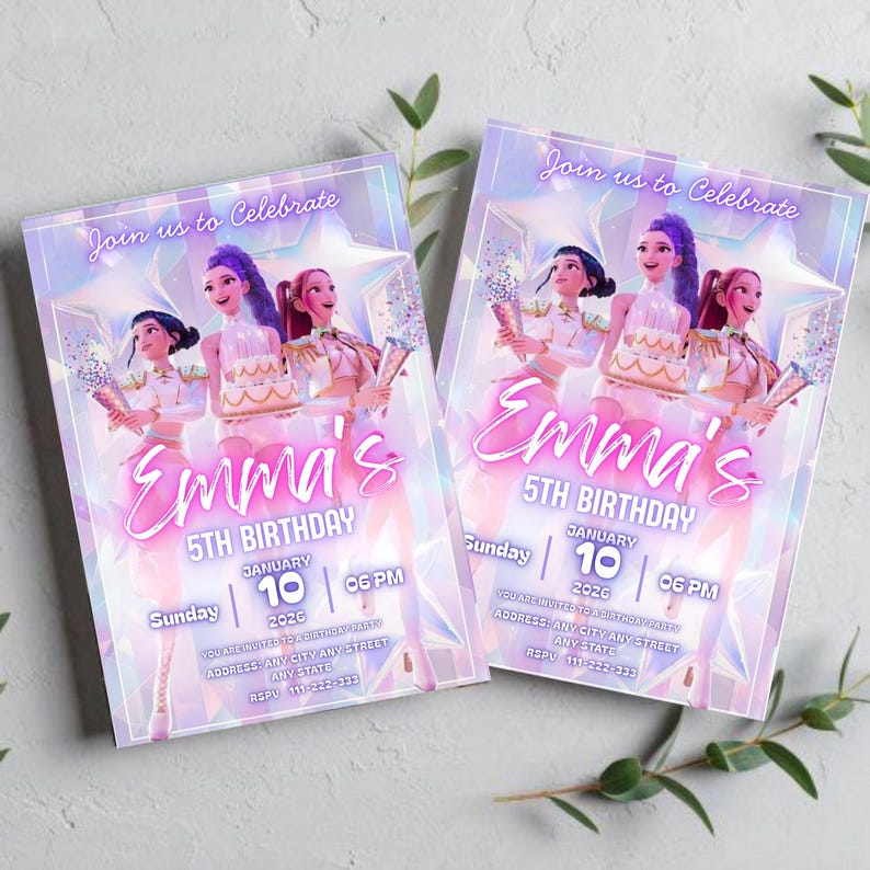 May include: Two invitations for Emma's 5th birthday party. The invitations feature a holographic design with illustrations of girls, a cake, and confetti. The text reads "Join us to Celebrate," "Emma's 5th Birthday," and the date: Sunday, January 10, 2026, at 6 PM.