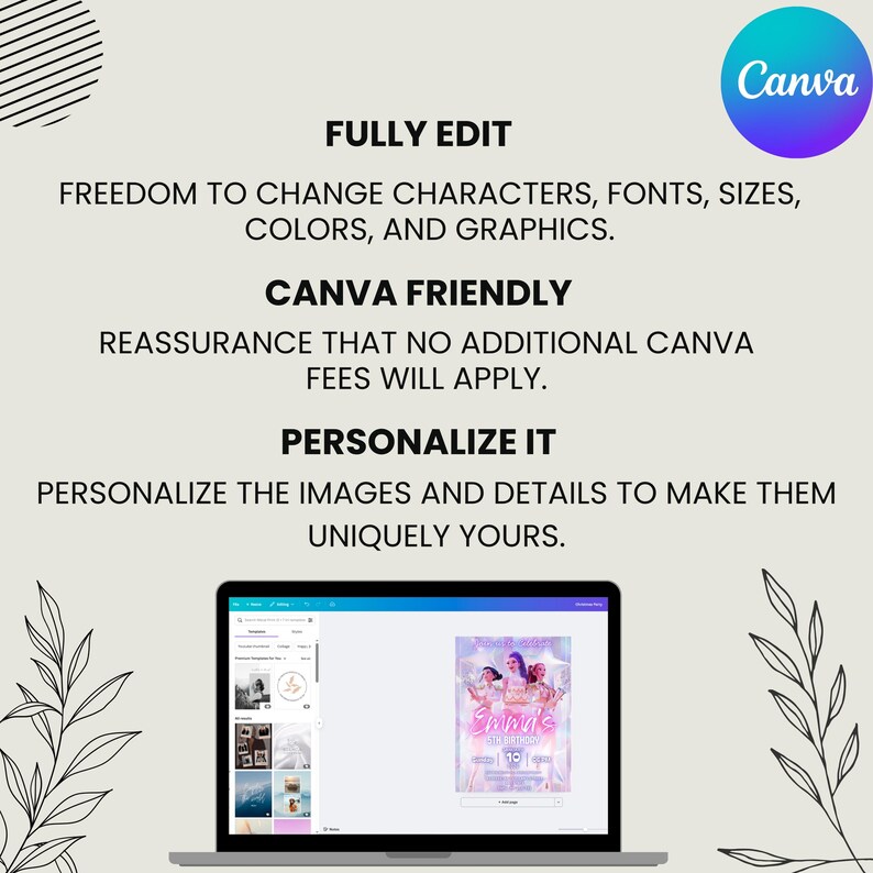 May include: A laptop displays a Canva design with the text "Emma's 10". The image includes the Canva logo and text highlighting the ability to fully edit, personalize, and use Canva-friendly designs. The design features a pink and purple color scheme.