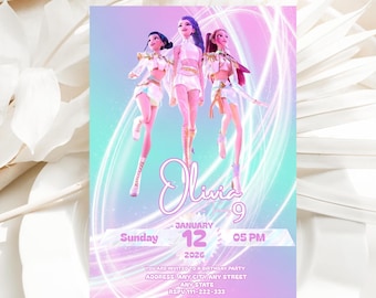 Convite de aniversário inspirado em Caçadores de Demônios K-Pop, modelo editável no Canva, convite para festa K-Pop com tema de anime, cartão de aniversário digital imprimível para crianças.