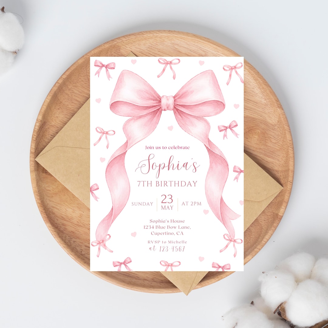 Pink Bow Birthday Invitation, Editable Coquette Birthday Party Invite, Elegant Canva Templ