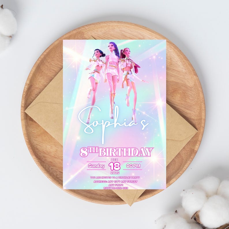May include: A birthday invitation with a holographic background and the text "Sophia's 8th Birthday." The invitation features three doll-like figures and event details. The invitation is on a wooden tray with a brown envelope.