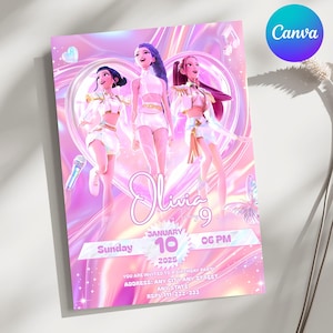 Könnte beinhalten: Eine rosa-lila Geburtstagseinladung mit drei animierten Figuren in weißen Outfits. Die Einladung enthält den Namen "Olivia", das Datum "10. Januar 2025" und die Uhrzeit "18:00 Uhr". Das Canva-Logo befindet sich in der oberen rechten Ecke.