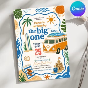 Editable Boy The Big One Surfing 1st Birthday Party Invitation Retro Boy Surf Van Surfboard Beach Party Invite Instant Download
