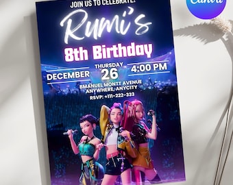 K-pop Demon Hunters Birthday Invitation, Editable Canva Template, KPOP Demon Hunters Huntrix Birthday Party Invite Digital Download