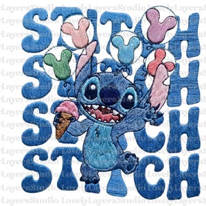 May include: Embroidered design featuring the character Stitch from Lilo & Stitch, holding an ice cream cone. The word "STITCH" is repeated in blue, with Mickey Mouse head accents. The design is on a white background.