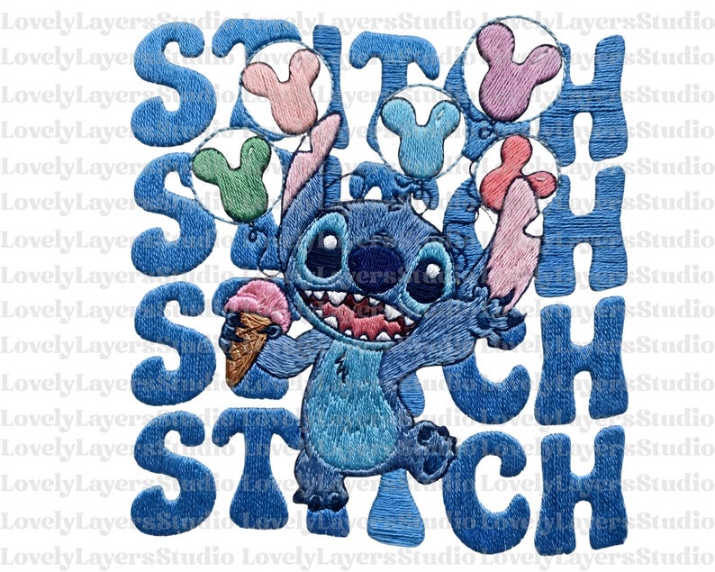 May include: Embroidered design featuring the character Stitch from Lilo & Stitch, holding an ice cream cone. The word "STITCH" is repeated in blue, with Mickey Mouse head accents. The design is on a white background.