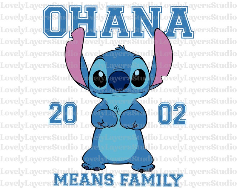 May include: A blue cartoon character with large eyes and ears, with the word "OHANA" above it in blue block letters. The numbers "20" and "02" are on either side of the character, and the phrase "MEANS FAMILY" is below.
