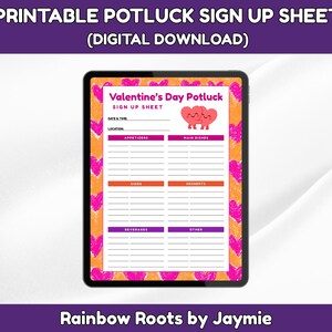 Druckbares Potluck Sign Up Sheet zum Valentinstag, Potluck Signup Form, Party Organizer PDF