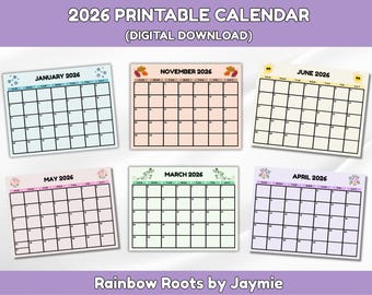 2026年印刷可能カレンダー、月間プランナー、横長、レターサイズPDF