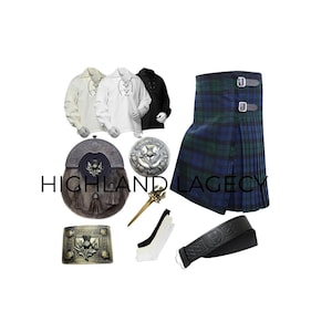 Conjunto de kilt tradicional escocés de las Tierras Altas para hombre, 8 piezas, reloj negro, atuendo completo: sporran, cinturón, broche para kilt, ropa escocesa de las Tierras Altas.