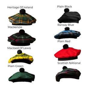 May include: Collection of Scottish Tam o' Shanter hats in various colors and patterns. Includes a black hat, a red hat, and several tartan designs. Each hat features a black pom-pom on top. Text on the image includes "Heritage Of Ireland" and "Scottish National".