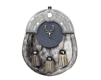 Traditional Scottish Kilt Sporran For Men with Clan Badges Chain & Belt |  Handcrafted Cowhide Leather Bag with Antique Celtic Cantle,