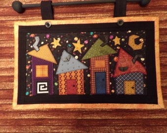 Wonky Halloween Houses Wall Hanging Skinny Quilt for small spaces...Over the Door or Hearth Greeter