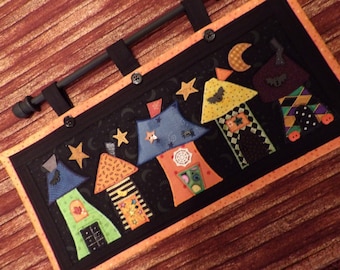 Wonky Halloween Houses Wall Hanging Skinny Quilt for small spaces...Over the Door or Hearth Greeter