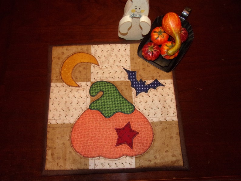 Primitive Halloween Fall Harvest Time PUMPKIN Star BAT Moon Mini Quilt Candle Mat Mug or Snack Mat Hot Pad Trivet Decoration