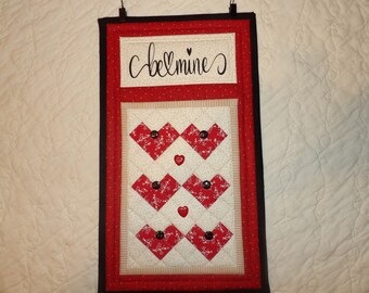 Be Mine...Little VALENTINE LOVE Hearts Prim Rustic Country Farmhouse Style Patchwork Skinny Quilt Wall Hanging Door Greeter