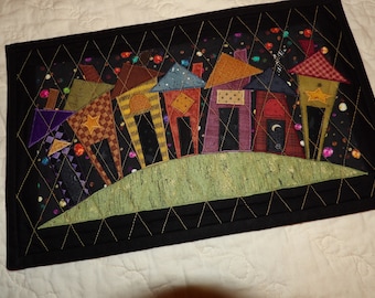 Halloween Houses on The Hill Wall Hanging Skinny Quilt for small spaces...Over the Door or Hearth Greeter