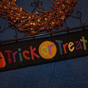 Halloween TRICK or TREAT Skinny Scrappy Patchwork Keepsake Accent Word Banner Quilt Wall Hanging Door Greeter Ledge Runner October Holiday