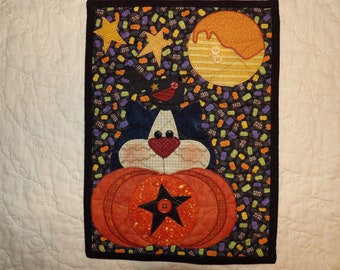 Fall Autumn Halloween Peeking KITTY with Star Moon Crow Small Quilt Table Topper or Wall Hanging Candle Mat Hot Pad Trivet Decoration