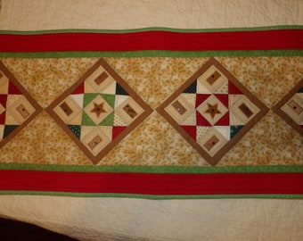 Country Farmhouse Little Houses Christmas Checkered Hutch or Table Runner 15" x 46" Winter Holiday Quilt Decoration