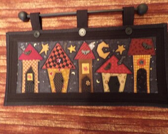 Wonky Halloween Houses Wall Hanging Skinny Quilt for small spaces...Over the Door or Hearth Greeter