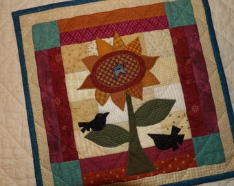 Primitive SUNFLOWER with Crows Patchwork Keepsake Quilt Small Wall Hanging Basket Tuck Plant Mat Decoration