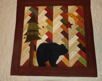 Rustic BEAR Woods Lodge Patchwork Quilt for Small Spaces Fall Autumn Thanksgiving Table Topper Runner Protector Trivet Decoration