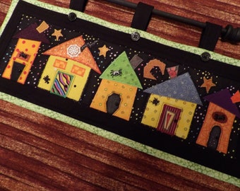 Wonky Halloween Houses Wall Hanging Skinny Quilt for small spaces...Over the Door or Hearth Greeter