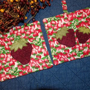 May include: Two square pot holders with a strawberry pattern. Each pot holder has a large, appliqued strawberry with a green stem. The background is white with red strawberries and green leaves. A loop is attached to one pot holder.