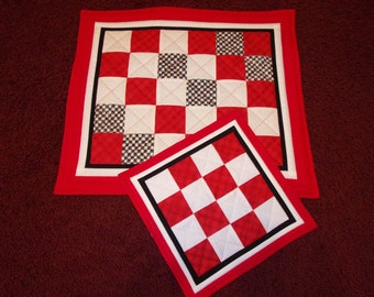 QUILT Poker or Card Night RED White BLACK Checkered Decorative Table Topper & Hot Pad Set