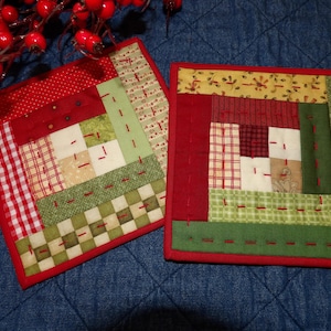 Christmas Coasters: Country Prim Folksy Scrappy Log Cabin Reversible Fabric Mug Mats Hot Pads Scatter Mats Trivets