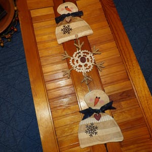 May include: Decorative snowman ornaments with a snowflake design. The snowmen have carrot noses, black bow ties, and a heart accent. The ornaments are hanging on a wooden surface.