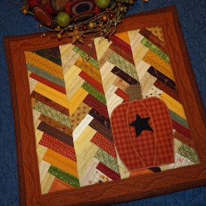 PUMPKIN Scrappy Patchwork Chevron Stripes Quilt for Small Spaces Fall Autumn Halloween Thanksgiving Table Topper Runner Protector Decoration
