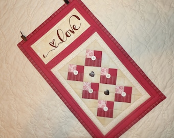 Little VALENTINE LOVE Hearts Prim Rustic Country Farmhouse Style Patchwork Skinny Quilt Wall Hanging Door Greeter