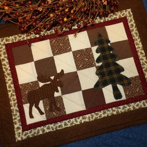 Masculine Small Quilt Moose Pine Tree Rustic Lodge Cabin Woodland Wildlife Hunters Camping Man Cave Patchwork Table Topper Decoration