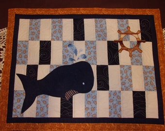 WHALE Watching Coin QUILT Primitive Folk Americana Prim Patchwork Decorative Table Topper Runner Hot Mat Pad Protector