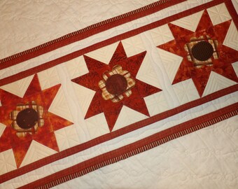 QUILT Farmhouse Style Patchwork Orange/Rust Sunflower STARS Harvest Themed Table Runner Topper Protector Mat Decoration