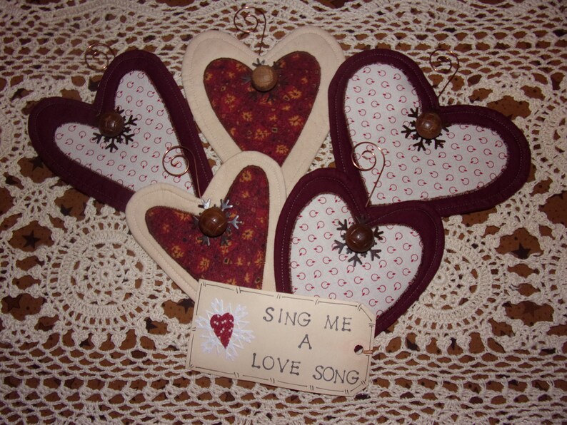 Primitive Country Layered Fabric VALENTINE HEARTS Window Clings Decorations Ornaments Ornies Tucks