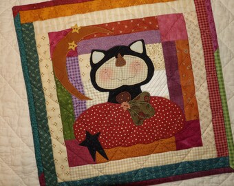 Autumn Harvest Black Kitty Cat Pumpkin Moon Stars Patchwork Keepsake Quilt Small Wall Hanging Basket Tuck Plant Mat Decoration