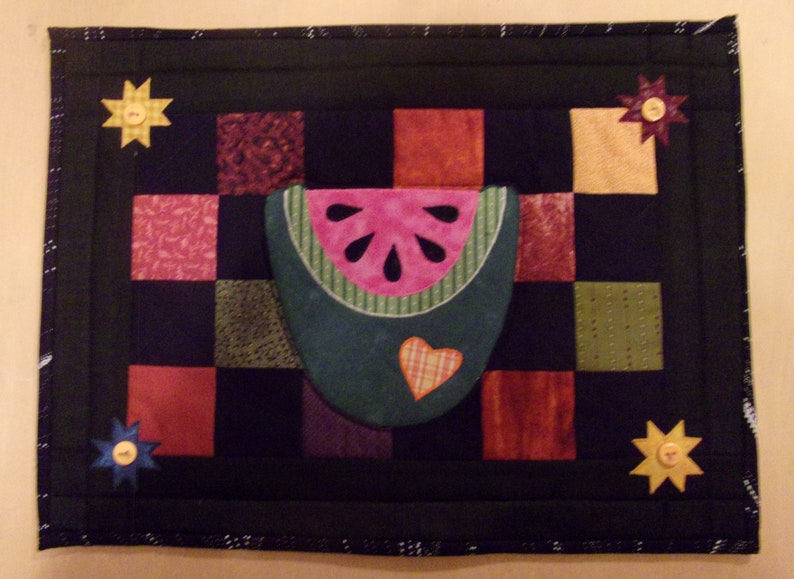 Primitive Country Summer Time Patchwork WATERMELON Table Topper Mini Quilt Candle Mat or Hot Pad Trivet
