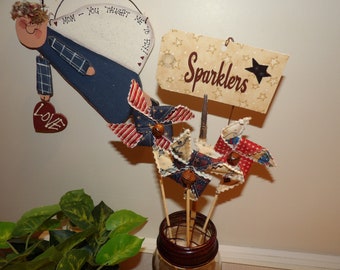 Sparklers - Rustic Patriotic USA 4th of July Stars Stripes Pinwheel Faux SPARKLER Pokes Ornaments Table Topper Decorations