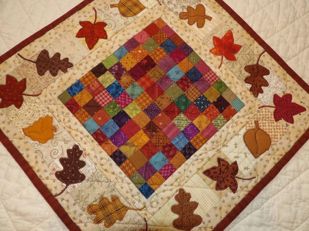 Colorful Falling LEAVES Patchwork Prim 14 1/2 Keepsake Quilted Table ...