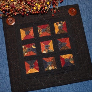 Little Black BEARS Fall Autumn Patchwork Keepsake Quilt Rustic Primitive Window Pane Wall Hanging or Table Topper
