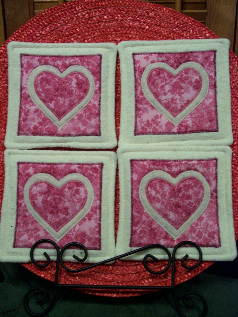 Country Folk Pink VALENTINE HEARTS Tea Party Coasters Mug Mats Scatter Mats Hot Pads Trivets image 1