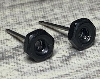 Black Industrial Chic Black/ Stainless Steel/ Hardware/ Tiny Small Hex Nut Stud /Post Earrings Set On Titanium Posts Unisex/Women / Men