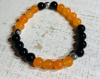 Orange  Chalcedony/ Black Obisidian Gemstone Stone Bracelet / Halloween Men/Women/Gifts