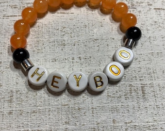 Hey Boo Halloween Orange Chalcedony/Black Obsidian Gemstone Bracelet /Acrylic Letters Beads